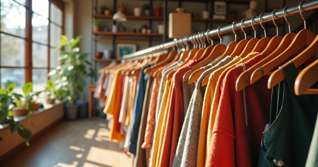 Roupas expostas em cabides em brechó com iluminação natural