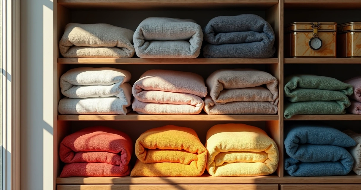 Roupas dobradas em diferentes cores organizadas em prateleiras 