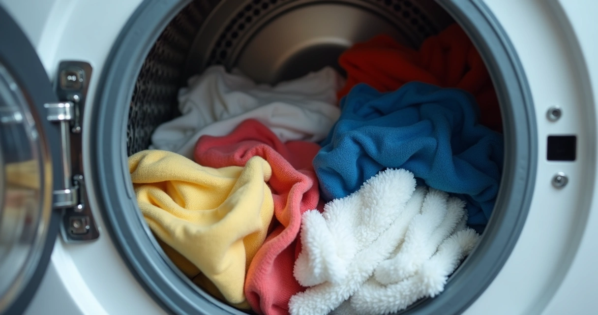 Roupas de diferentes cores dentro de uma máquina lava e seca 