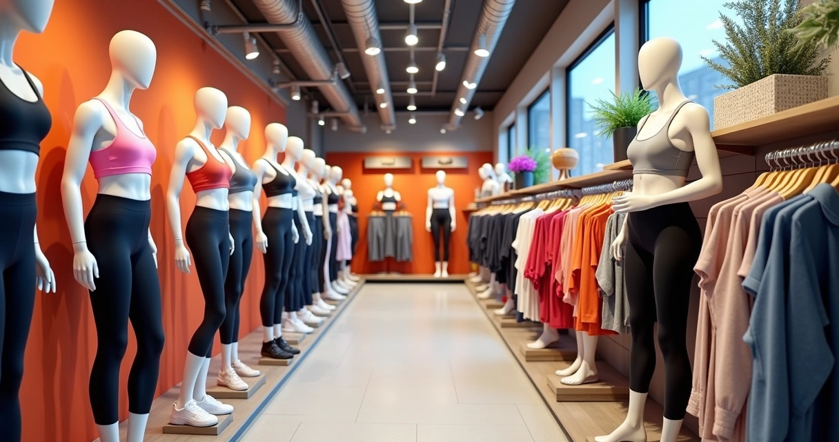 Arara de roupas fitness, com manequins vestindo peças mais ajustadas e coloridas. 