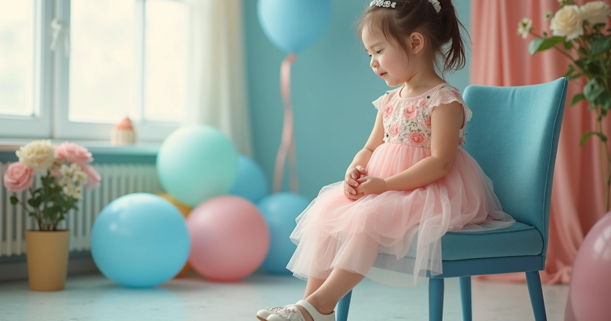 Menina vestindo vestido rosa delicado com detalhes florais, sentada em cadeira azul em ambiente festivo iluminado 