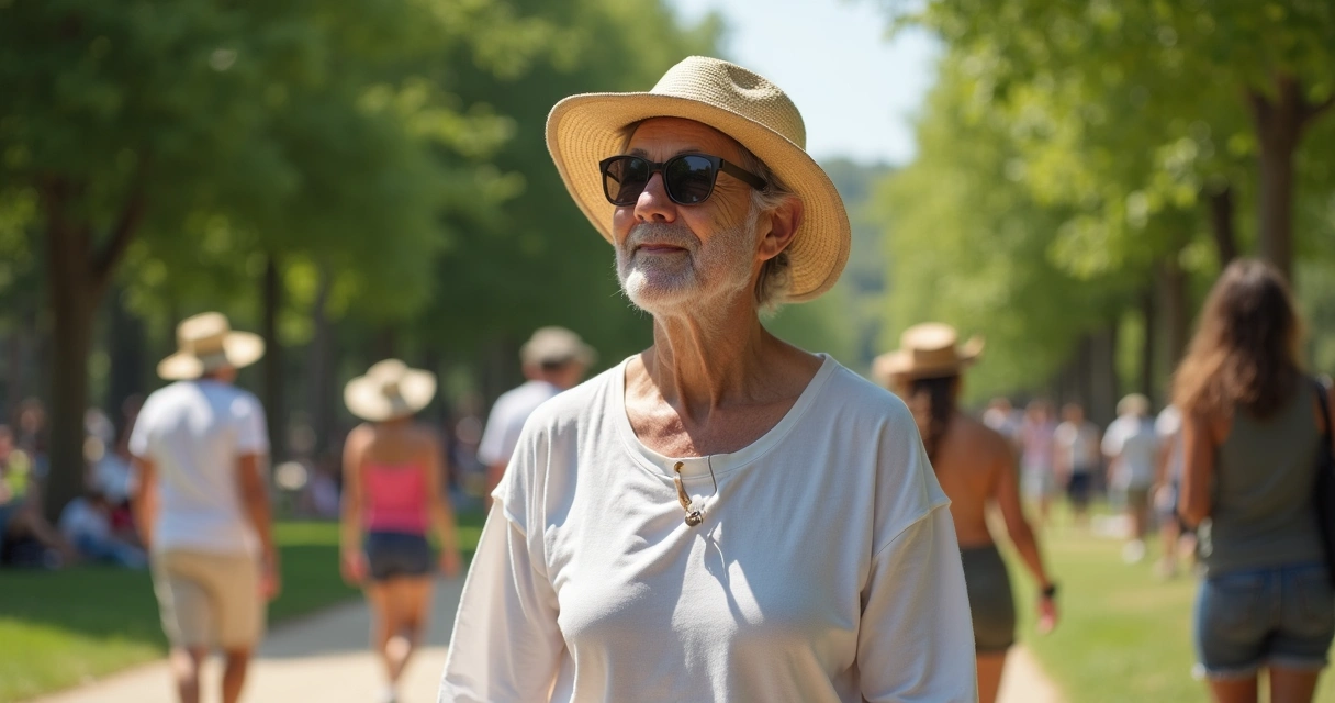 Pessoa com vitiligo usando chapéu, roupa de manga comprida e óculos escuros em parque ensolarado 