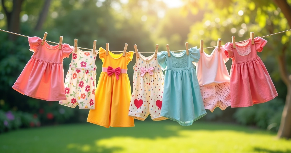 Roupas infantis coloridas penduradas no varal
