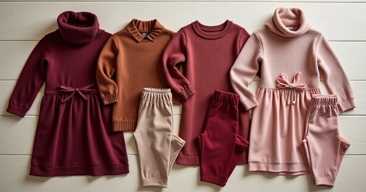 Várias roupas infantis femininas dobradas em tons de vinho, marrom, cereja e rosa pó em superfície de madeira clara 
