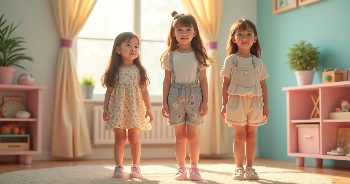 Meninas entre 4 e 14 anos vestindo roupas infantis coloridas e confortáveis em um ambiente claro e alegre 