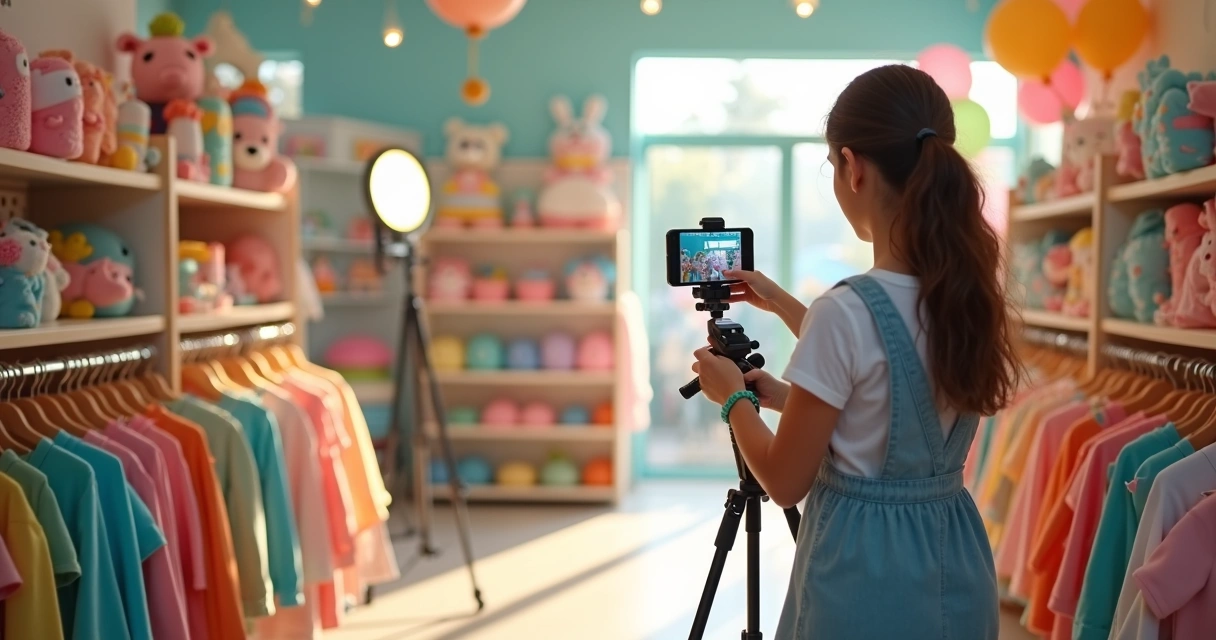 Lojista organizando roupas infantis para gravação de vídeo em loja 