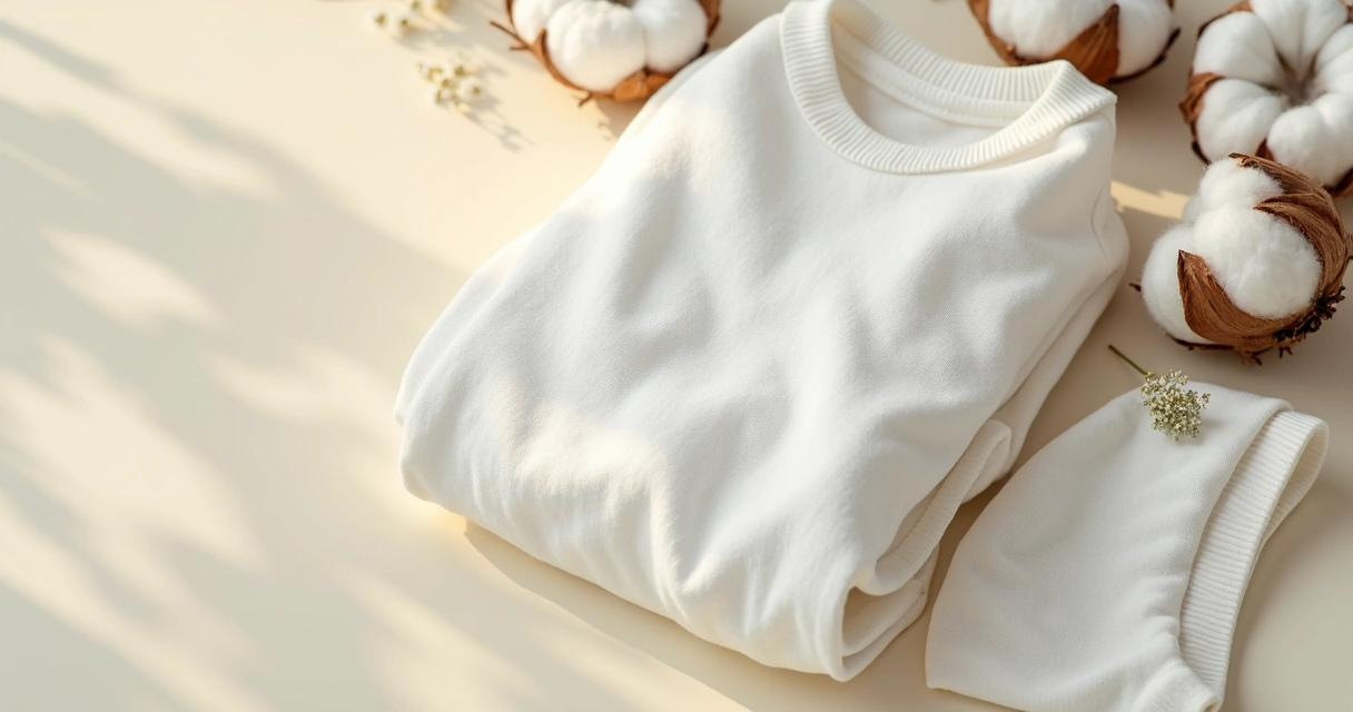 Roupa infantil de algodão branco em fundo claro com detalhes suaves e textura visível 