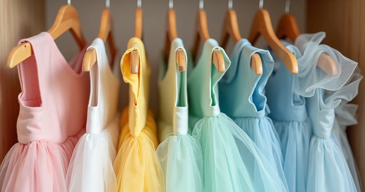 Vários vestidos infantis coloridos em cabides 