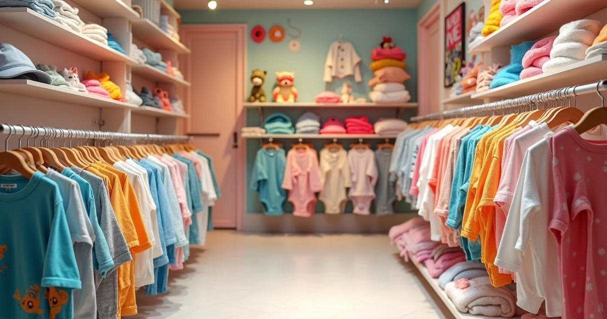 Diversas roupas infantis coloridas expostas em cabides 