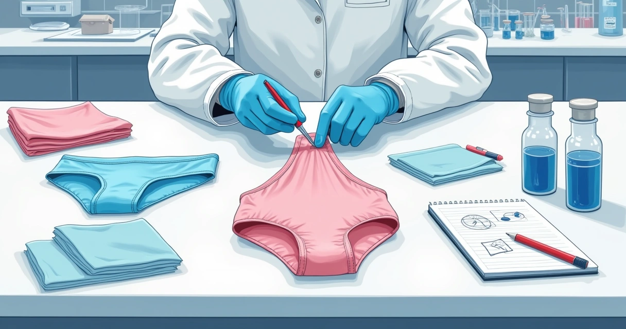 Peças de roupa íntima femininas sendo analisadas em laboratório 