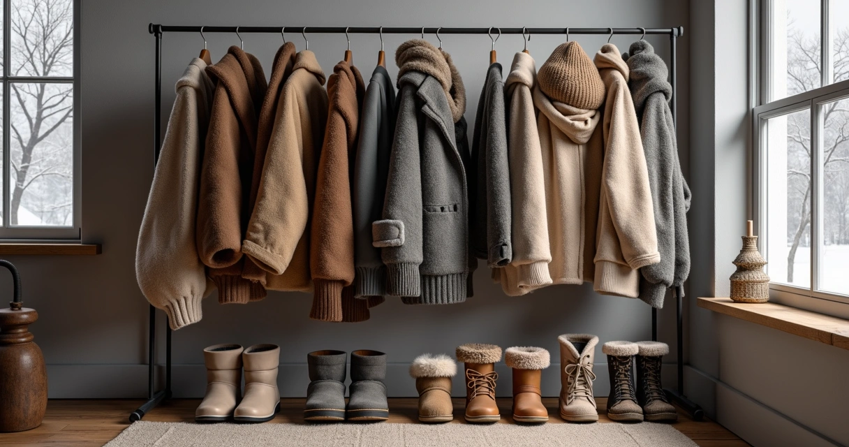 Roupas de inverno penduradas, botas e acessórios para o frio canadense 