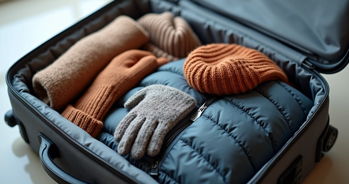 Roupas de inverno organizadas em mala de mão