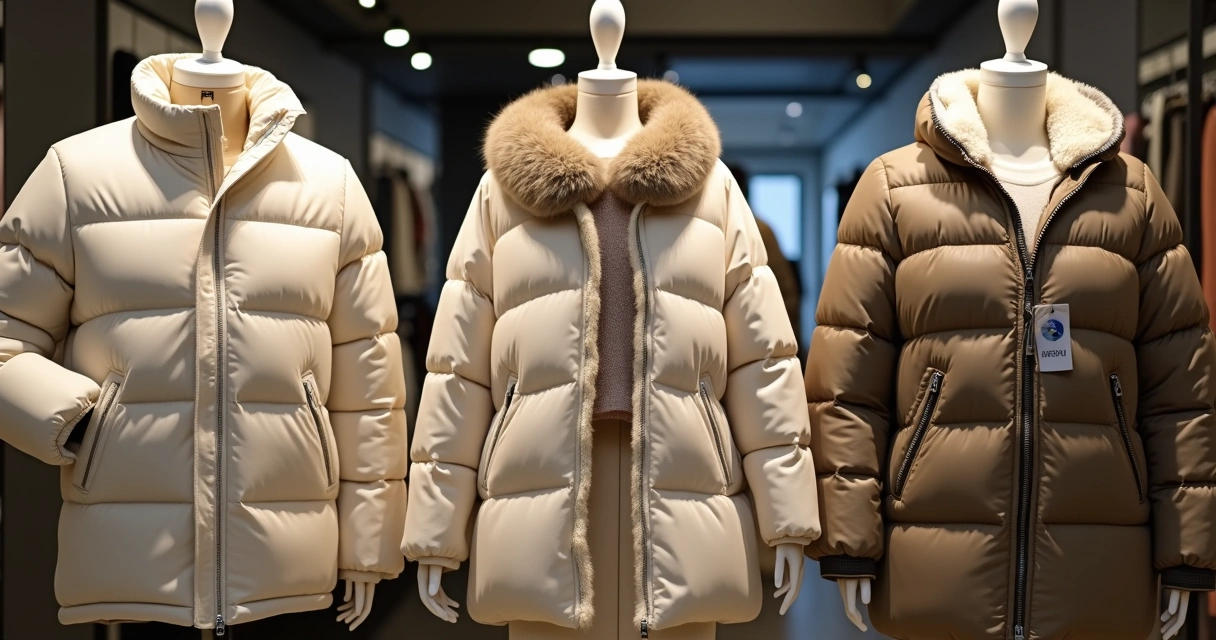 Roupas de inverno para marketplace, casacos, jaquetas e pijamas estrategicamente dispostos