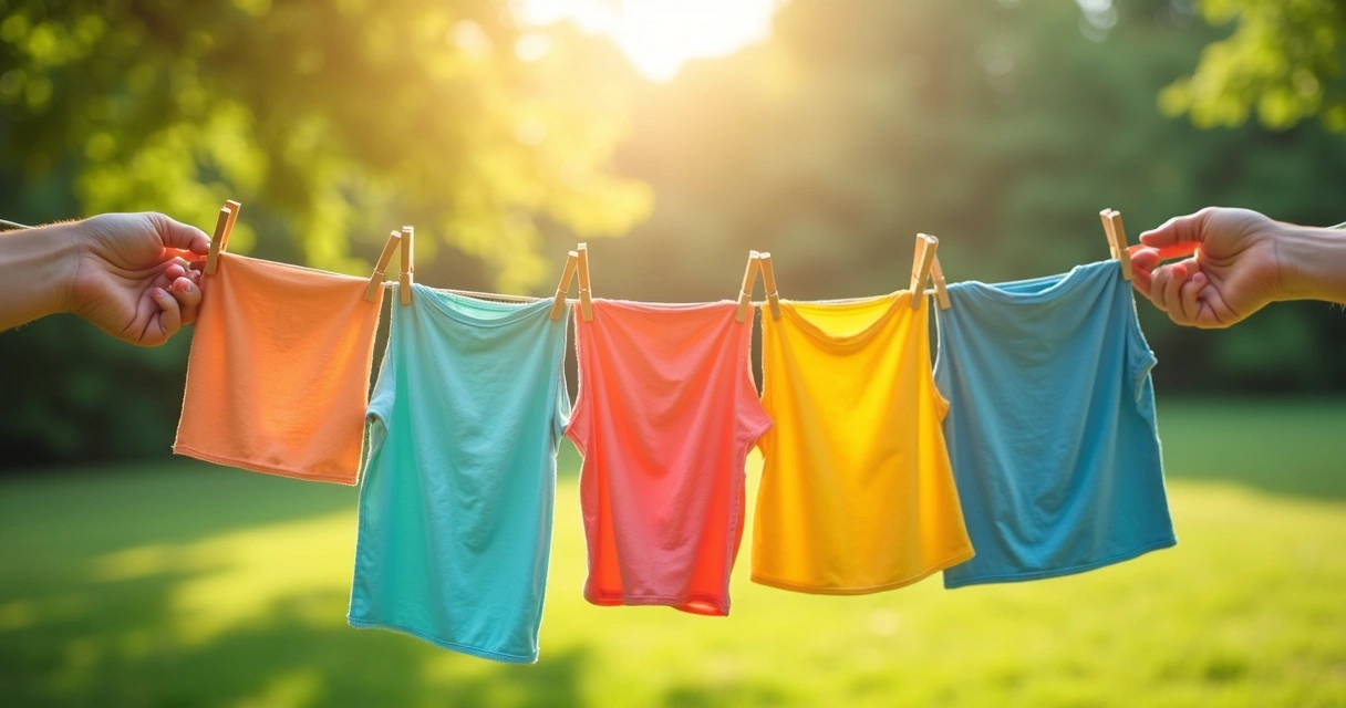 Roupas limpas e coloridas sendo penduradas para secar 