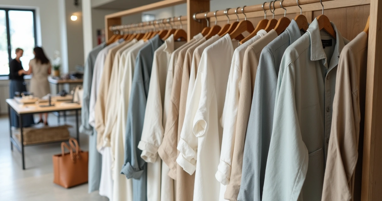 Vestidos de linho e camisas de algodão expostos em arara iluminada