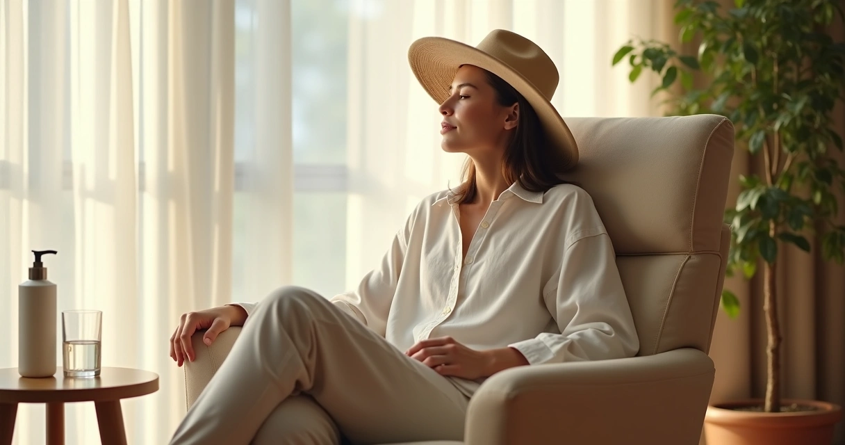 Pessoa com camisa larga de algodão sentado em poltrona confortável