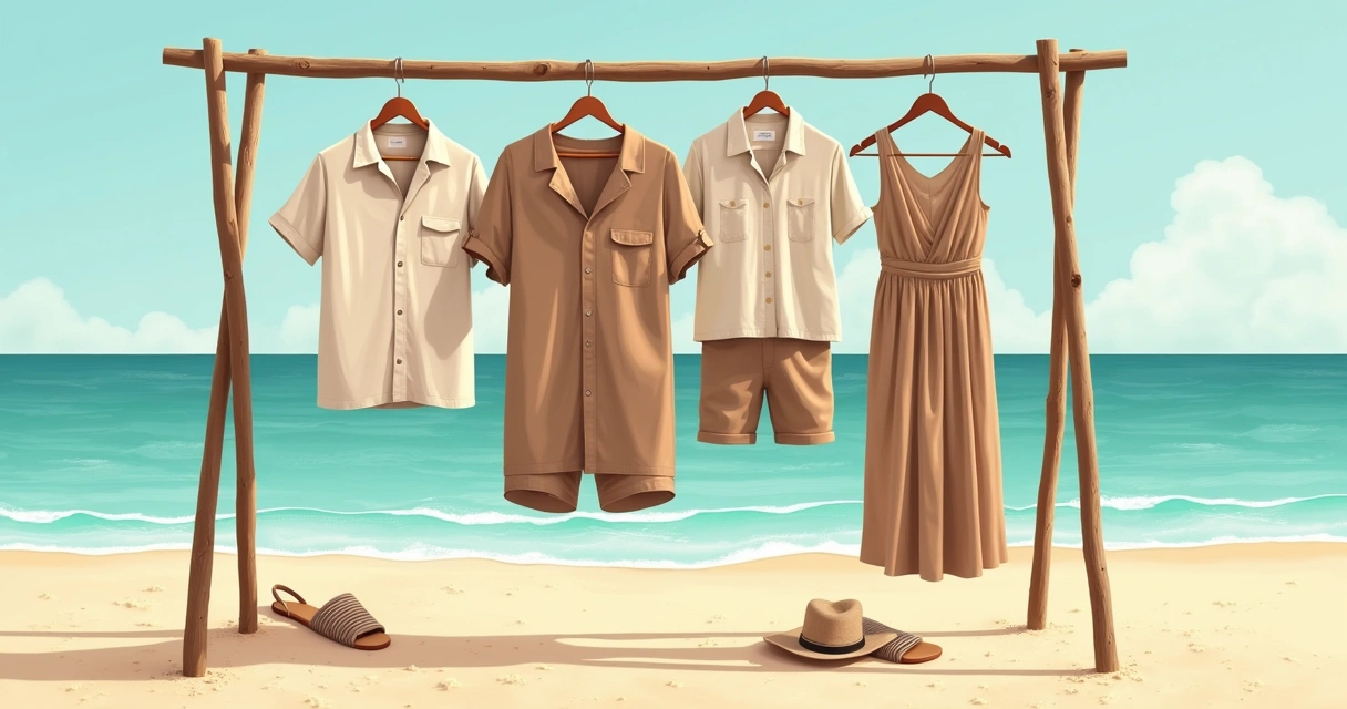 Conjunto de roupas leves de linho expostos em cabide na praia 