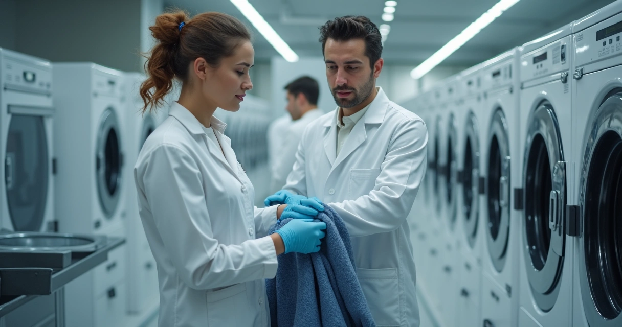 Equipe cuidando de roupas de grife com luvas e equipamentos, ambiente limpo e profissional.