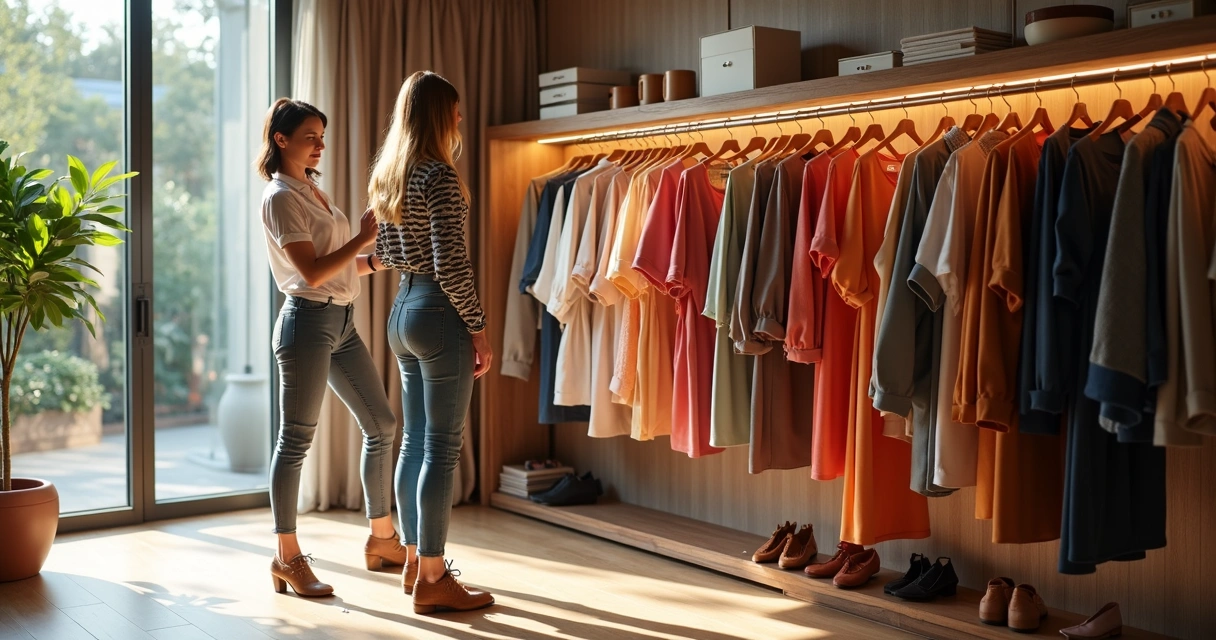 Arara com roupas de marca variadas em boutique de brechó premium 