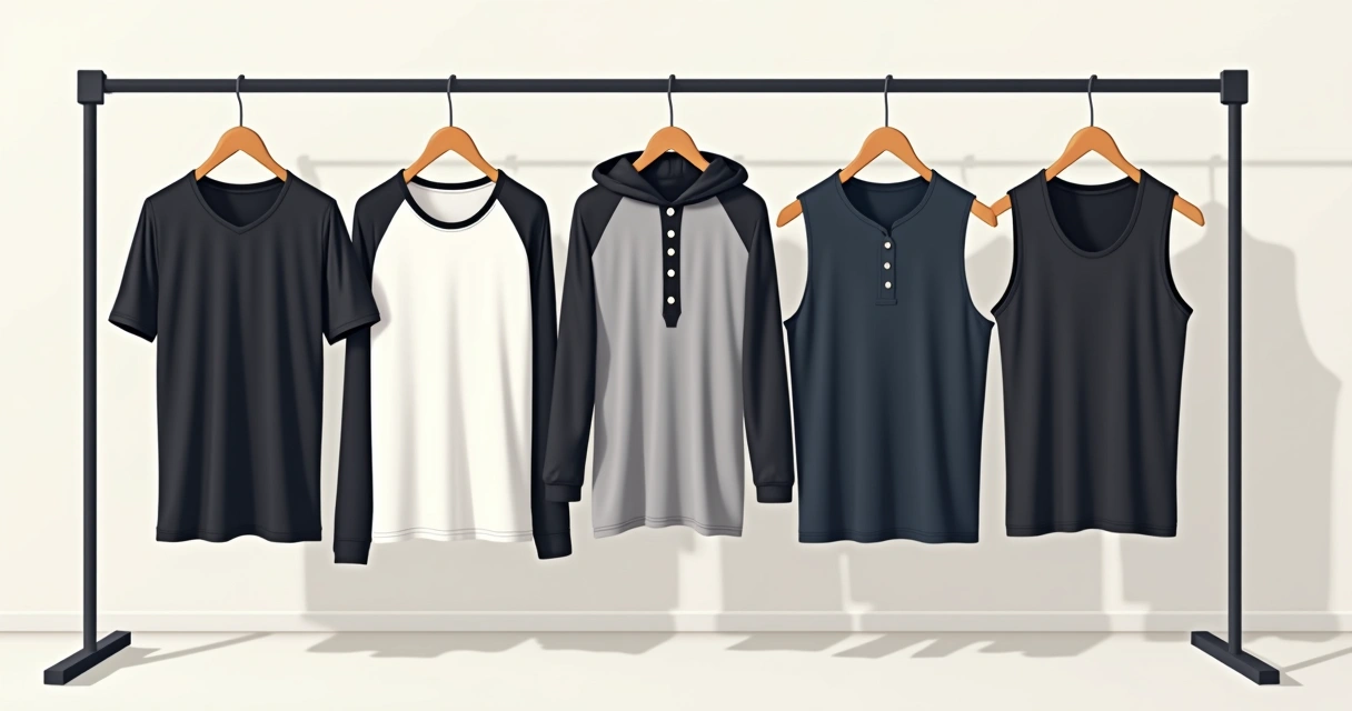 Roupas masculinas neutras e clássicas em tons sóbrios organizadas em um cabideiro