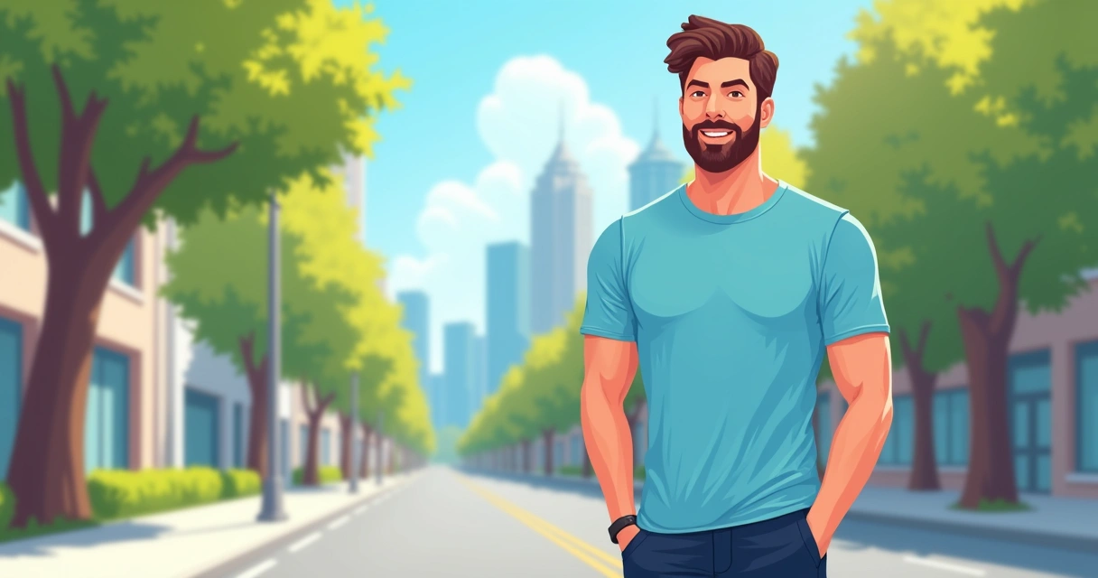 Homem usando camiseta de malha fria azul em ambiente externo urbano