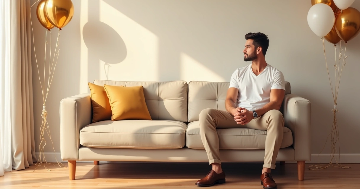 Homem vestindo camisa branca e calça bege, sentado em sofá elegante