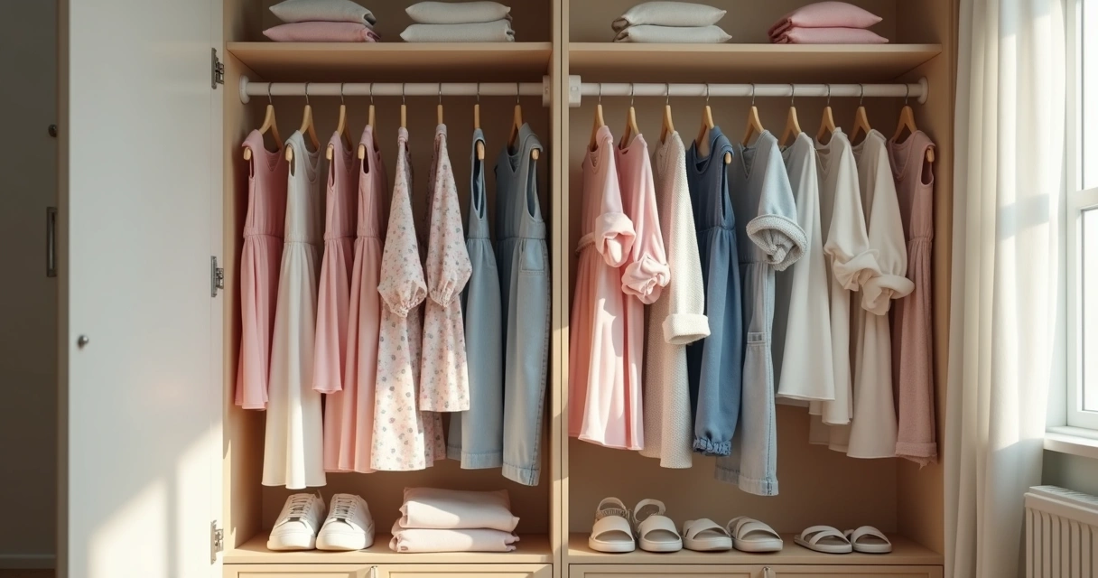 Armário com roupas de menina separadas por cores 