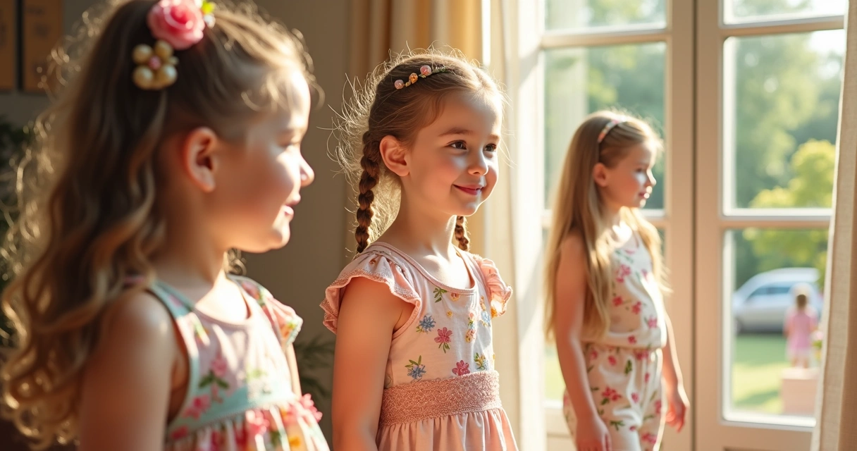 Meninas entre 4 e 14 anos vestindo roupas infantis variadas, como vestidos e conjuntos, em ambientes diferentes que simbolizam ocasiões variadas como festa, cotidiano e clima quente 