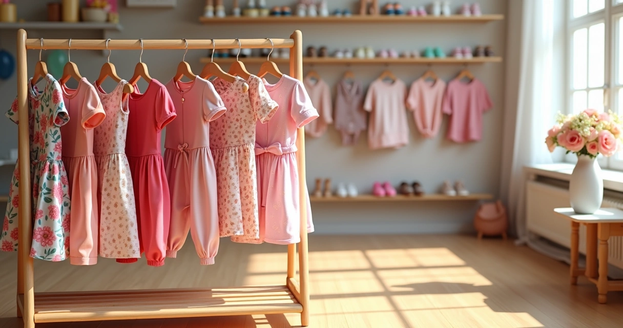Roupas infantis femininas variadas expostas em cabides