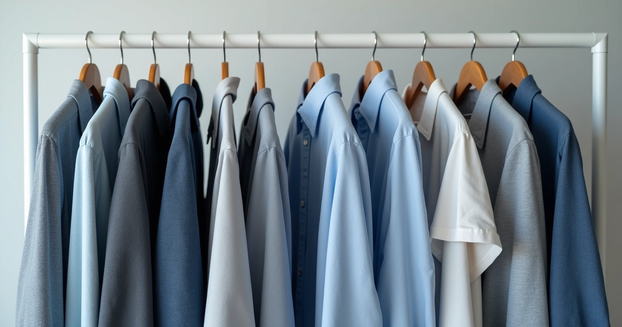 Conjunto de roupas masculinas em tons monocromáticos penduradas