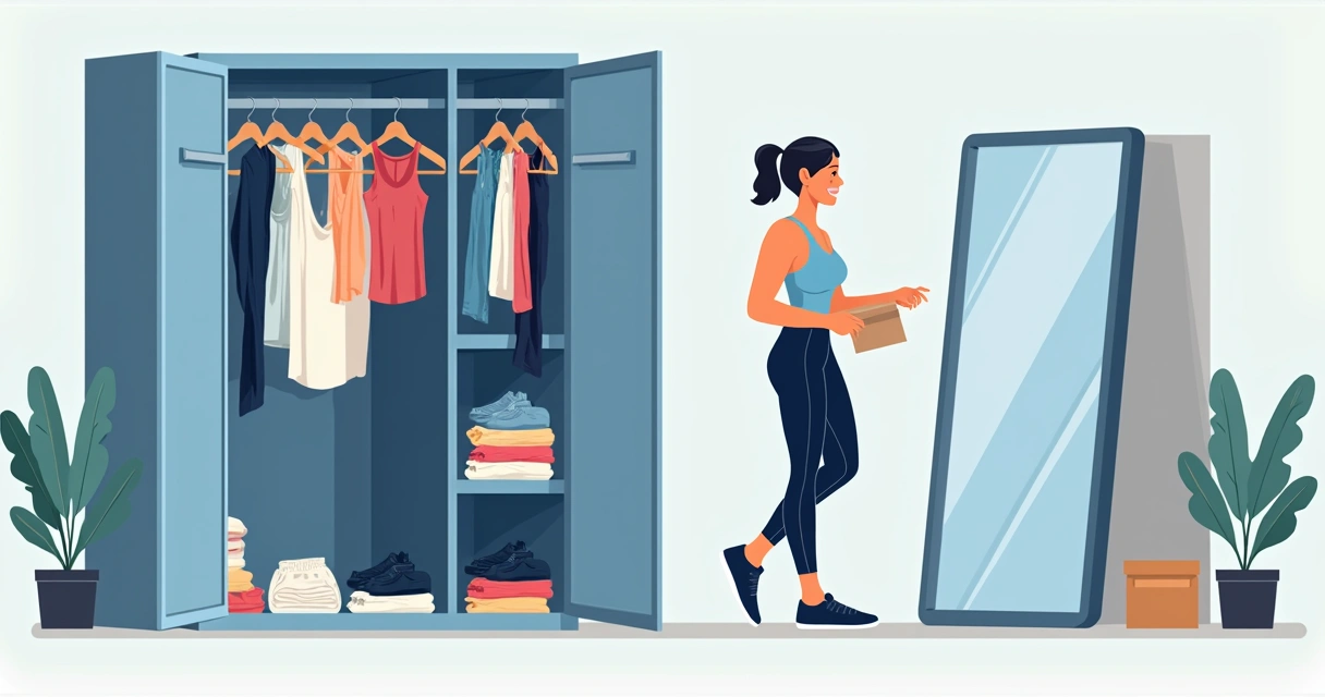 Pessoa trocando roupas antigas por peças fitness em um armário moderno. 