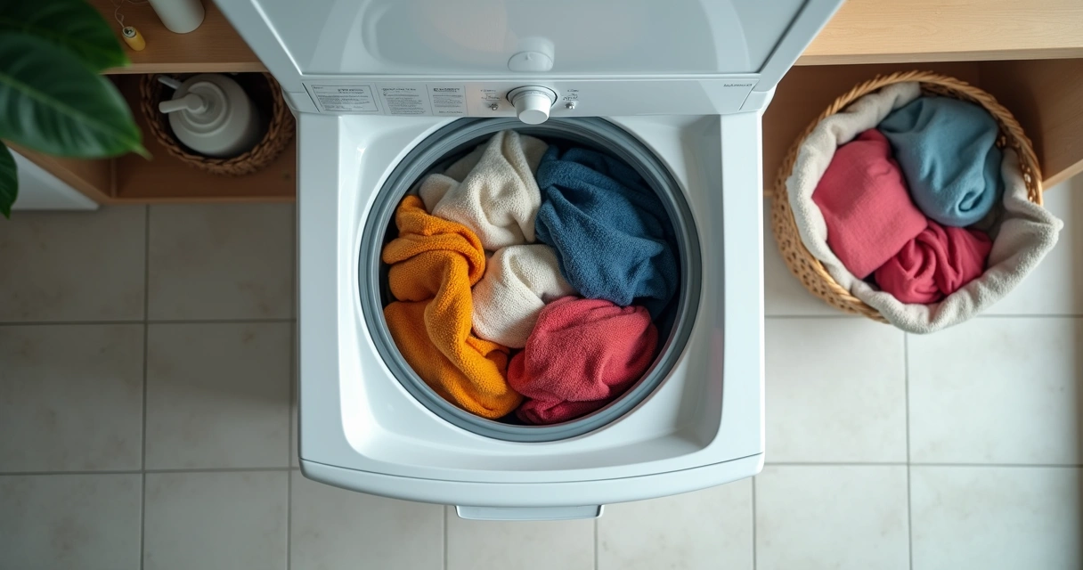 Roupas coloridas organizadas dentro de uma máquina de lavar 