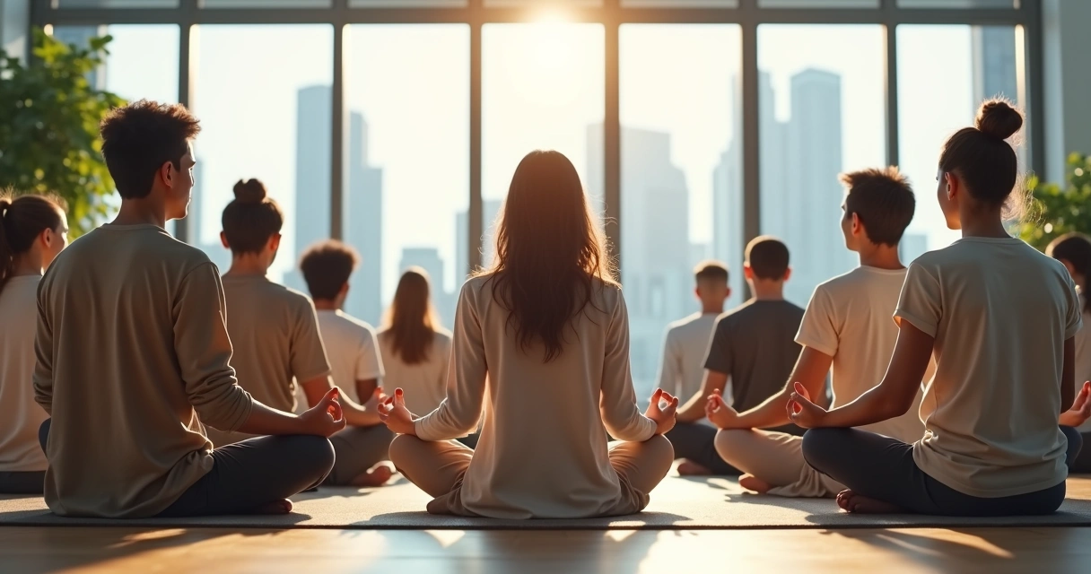 Grupo de pessoas praticando meditação sentadas em círculo em uma sala de escritório 