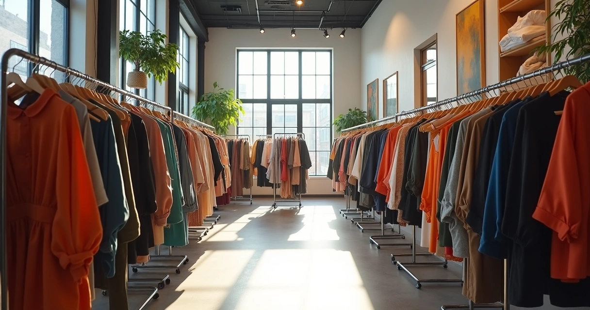 Araras de roupas organizadas por cores em brechó premium 