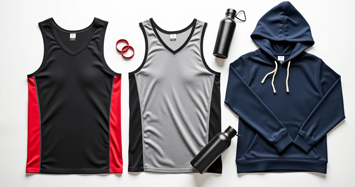 Detalhe de diferentes regatas masculinas estilosas para academia
