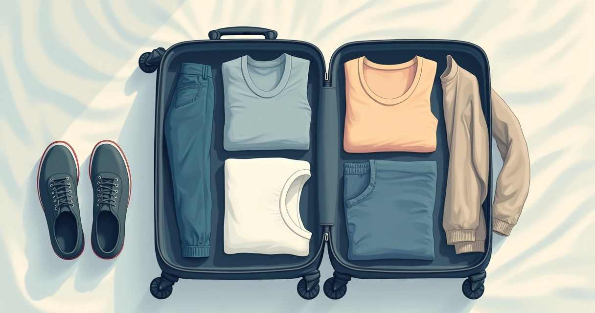 Diversas peças de roupa masculina dobradas e organizadas em uma mala aberta