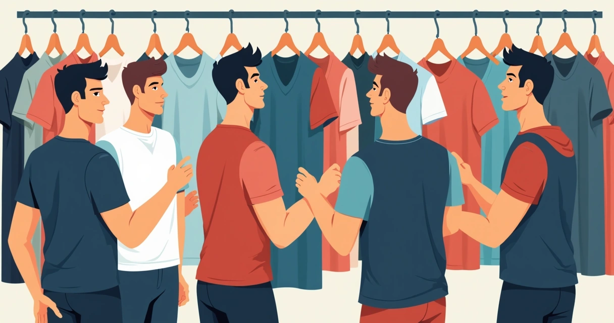 Homens escolhendo camisetas e regatas para festival em loja moderna.
