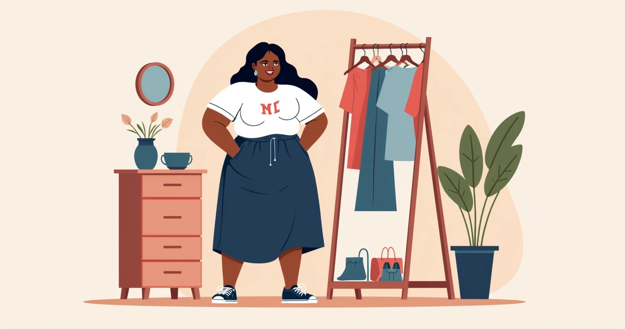 Pessoa plus size combinando camiseta personalizada com saia midi e acessórios 