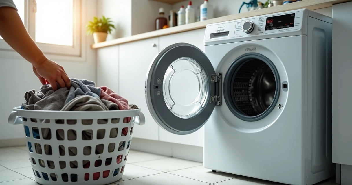 Cesto de roupa muito suja sendo colocado na máquina de lavar com função de pré-lavagem 