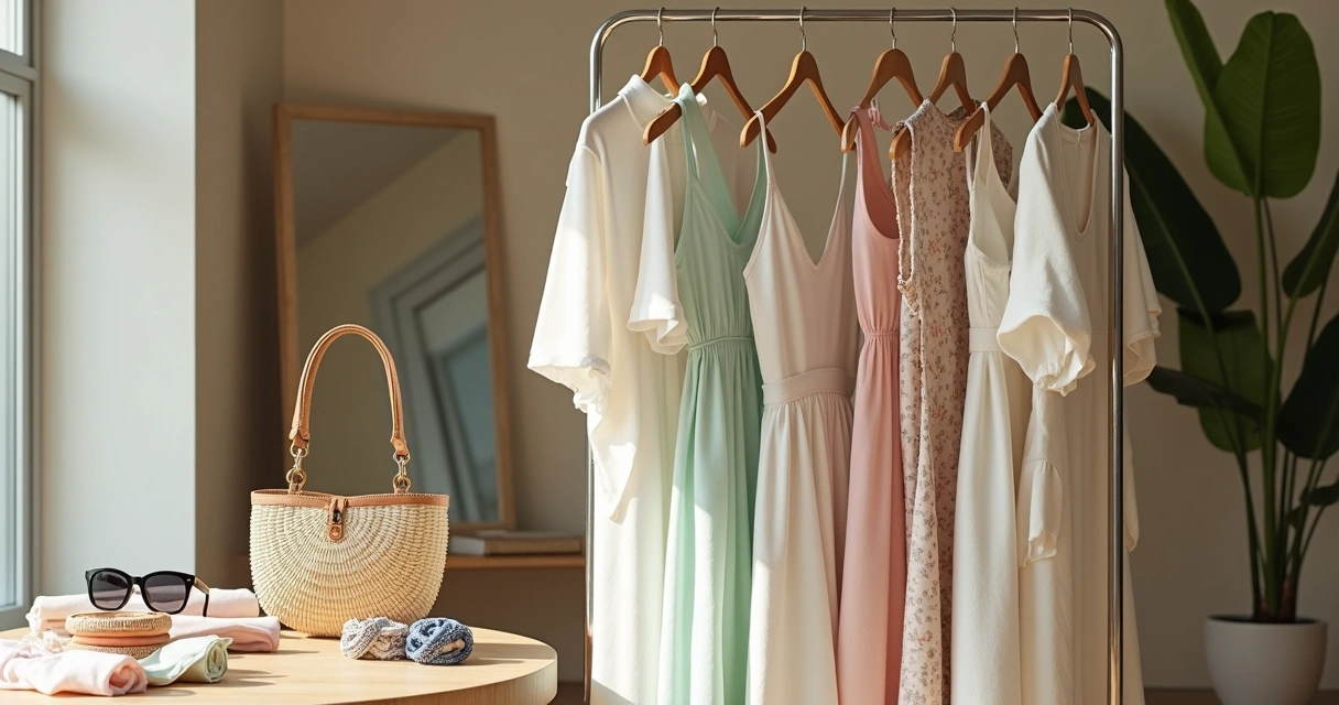 Cabideiro com looks de primavera verão em tons pastéis e acessórios grandes 