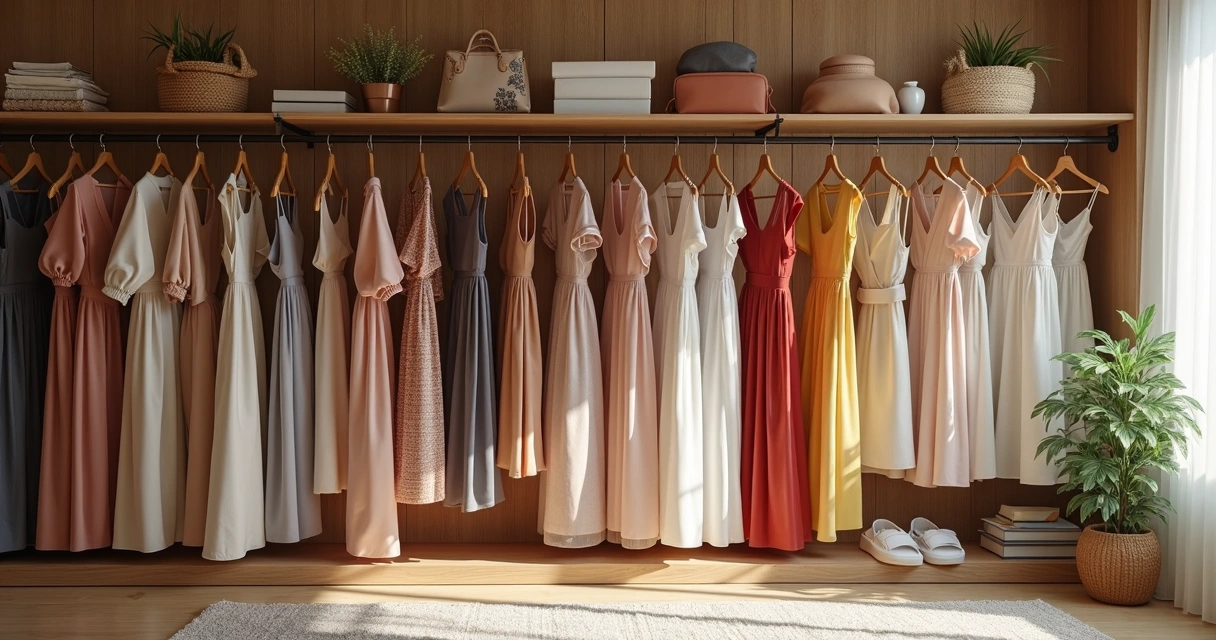 Roupas organizadas em prateleiras mostrando pequeno estoque 