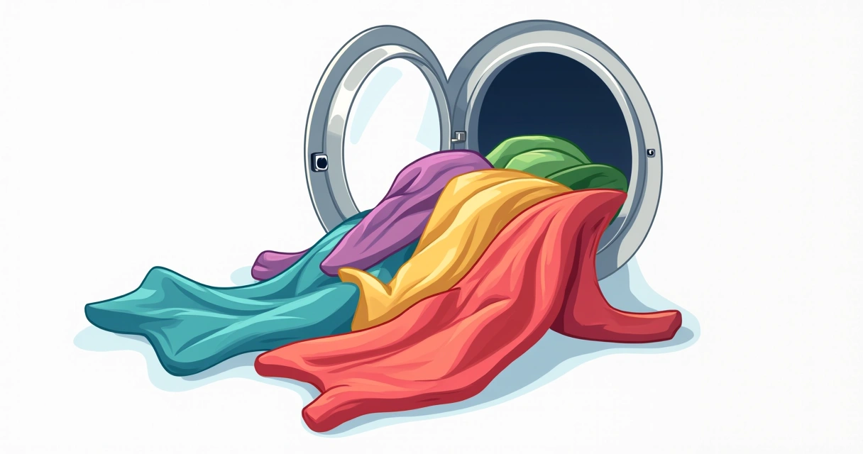 Roupas secas e coloridas saindo de secadora com fundo branco 