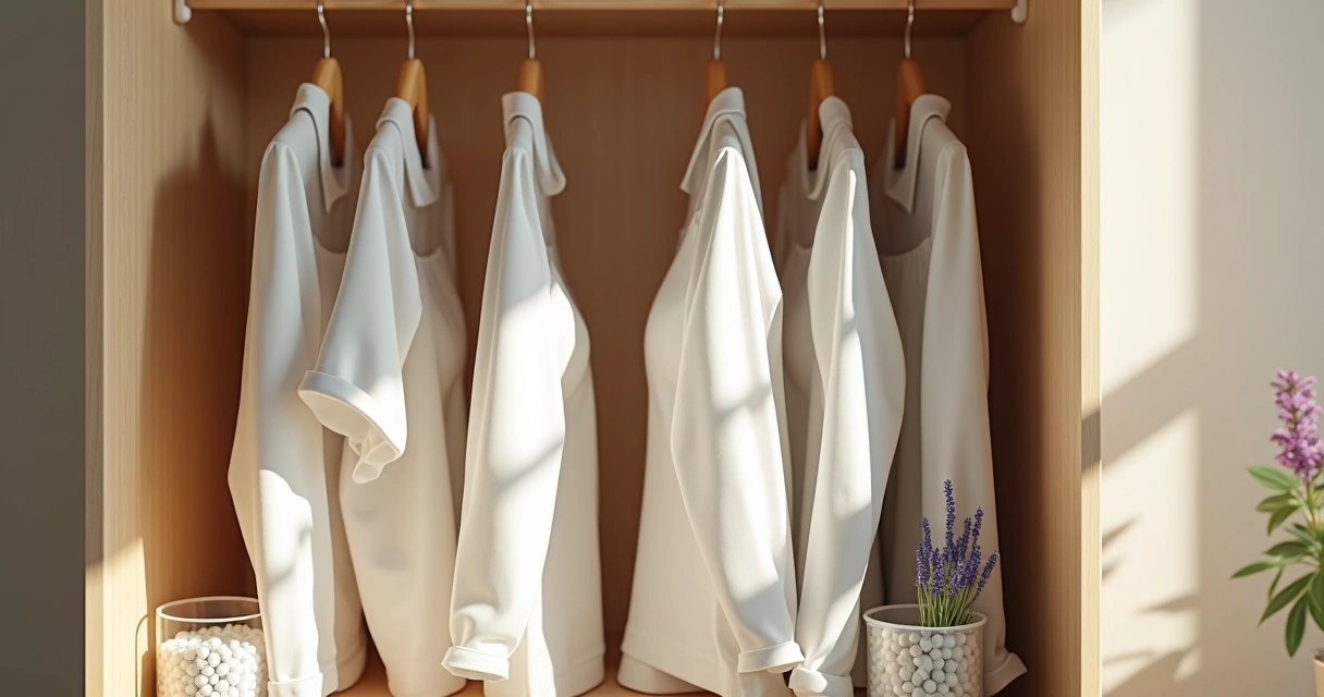 Sachê aromático natural pendurado entre roupas em guarda-roupa arejado 