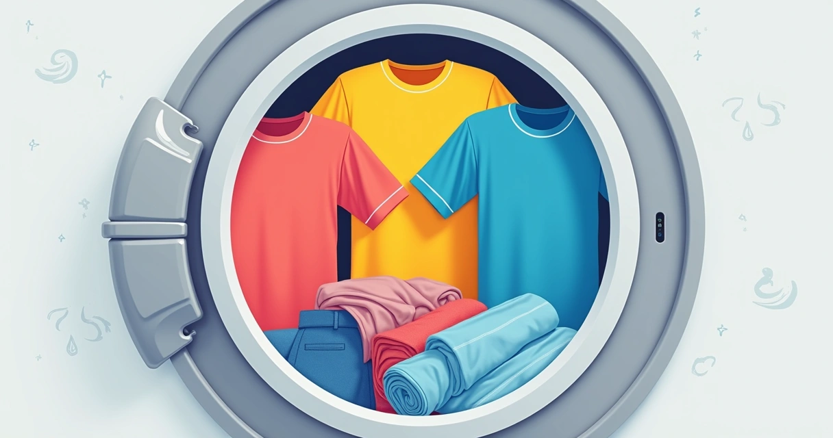 Máquina de lavar cheia de camisetas de viscolycra, algumas do avesso