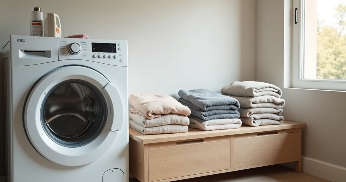 Roupas separadas por nível de sujeira ao lado da máquina 