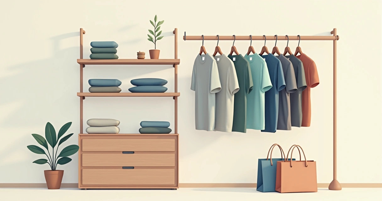 Closet masculino organizado com camisetas dobradas e destaque para sustentabilidade