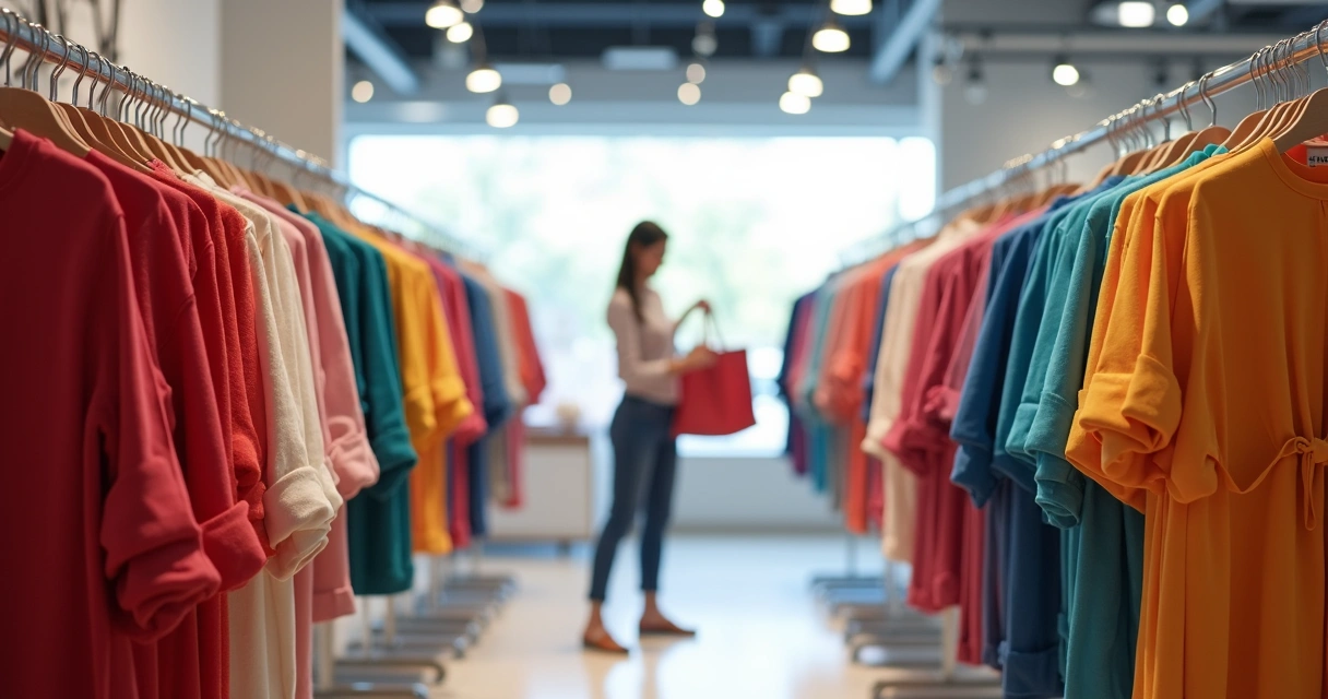 Roupas em araras de diferentes tamanhos, sendo mais cheias nos tamanhos grandes e vazias nos pequenos
