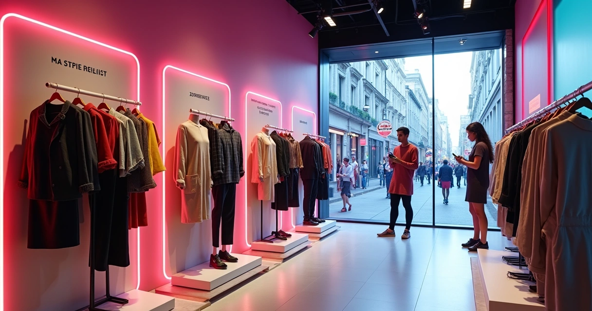 Roupas em vitrine moderna com tecnologia de realidade aumentada
