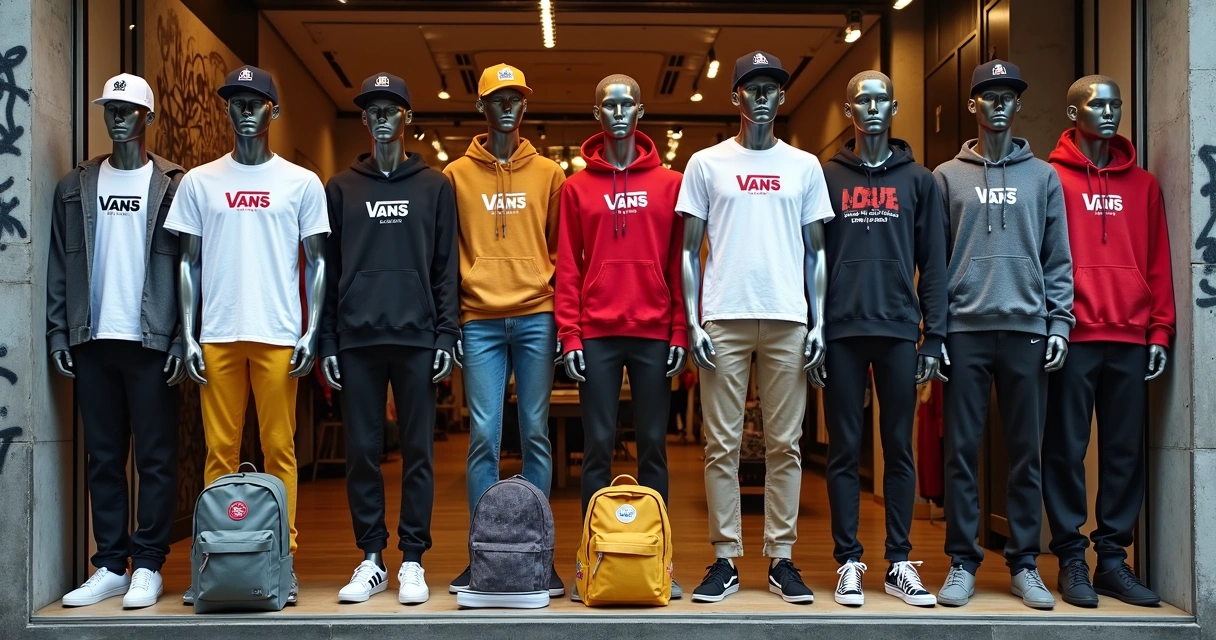 Roupas e acessórios Vans em ambiente urbano 