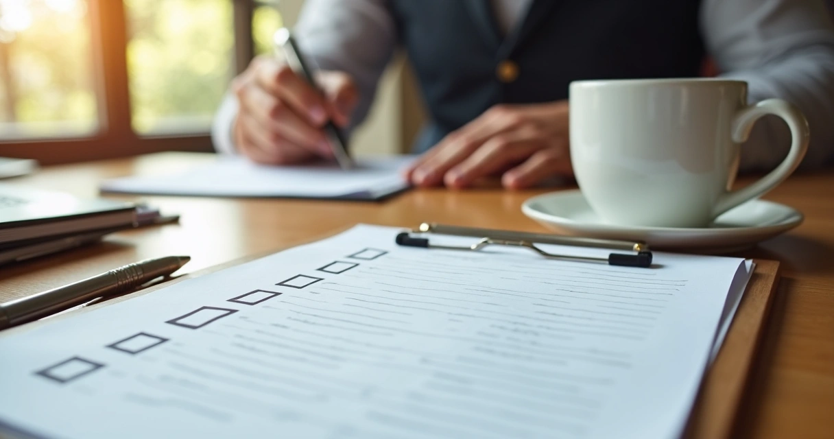 Checklist and objects on desk with a blurred person in background. 